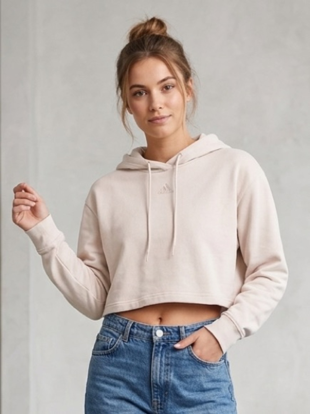 Adidas Light Tan Cropped Hoodie Sweatshirt, Beige, Women’s Size Medium Shirt Top